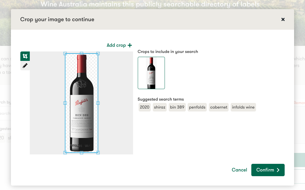 Wine Australia's ELISS Portal with AI suggestions based on the content of the image.