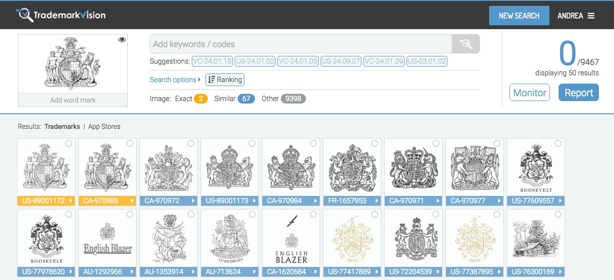 The TrademarkVision portal in 2016, showing image matching scores.